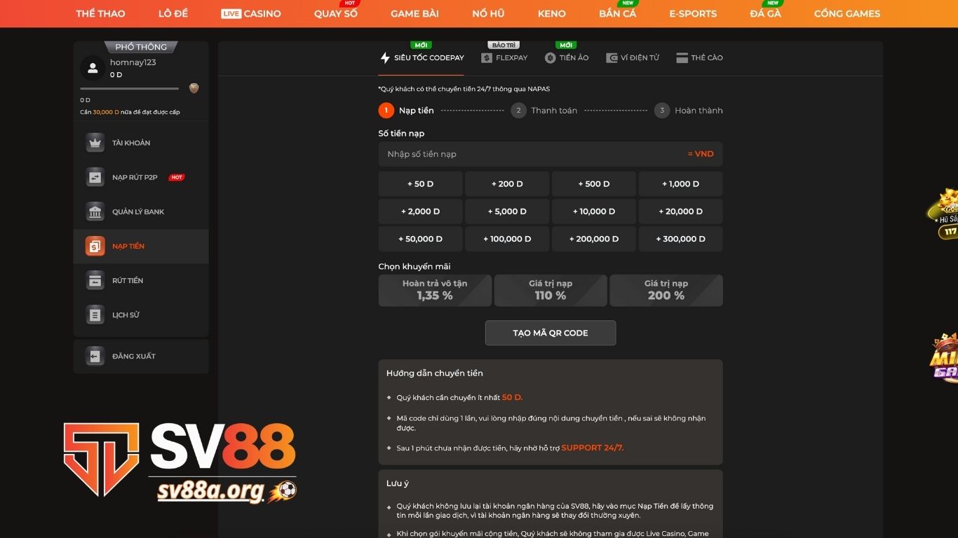 Hướng dẫn cách nạp tiền SV88 từng phương thức